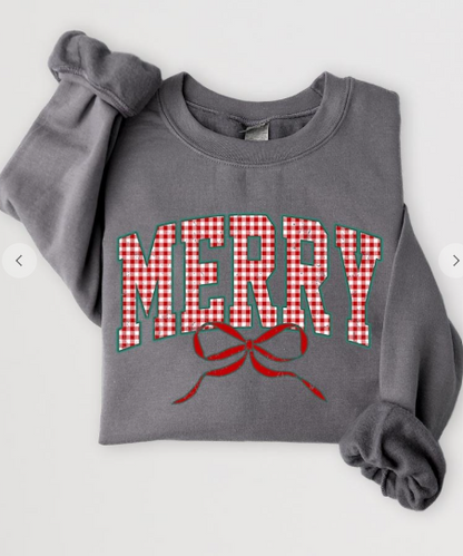 Plaid Merry Christmas Bow Graphic Sweatshirt