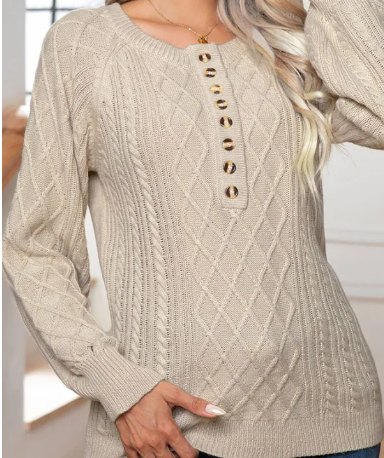 Plain Buttoned Cable Knit Pullover Sweater