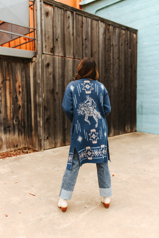 Teal Horse Print Knit Sweater Cardigan W Side Pockets