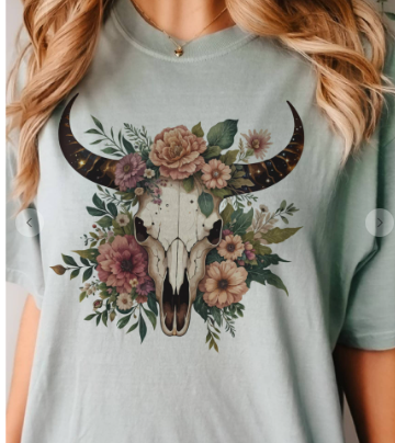 Boho Cow Skull Western Graphic Tee Floral Cow Skull