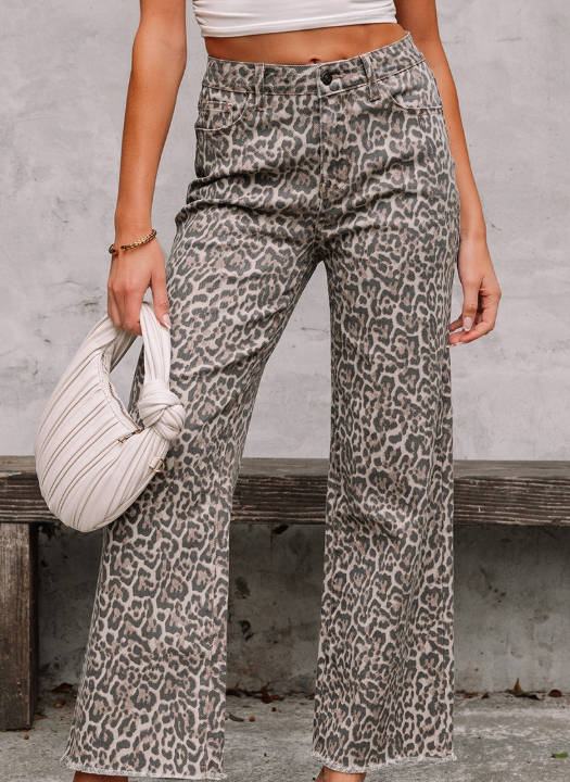 Leopard Frayed Edge Wide Leg Jeans