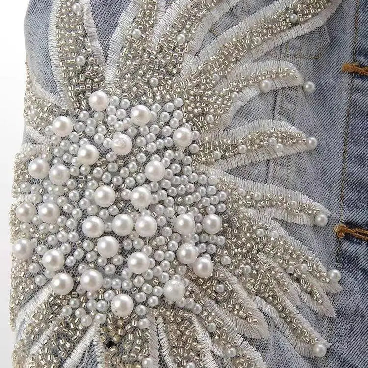 Women Fashion Lace Beaded Denim Vest with Polo Collar