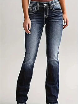 Washed Boot-Cut Jeans, High Stretch Casual Denim Pants