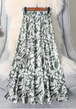 Leaf Print Mid-Length Skirt - Olive Green & White Botanical Design