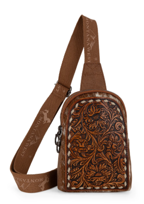 MW1324G-2101 Montana West Floral Tooled Genuine Cowhide Hair-On Trimmed Sling Bag - Brown