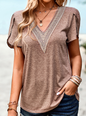 Deep V Neck Lace Ruffle Sleeves Solid Fit Shirt