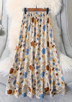 Floral Print Casual Skirt - Machine Washable All-Season Non-Stretch A-Line Skirt with Earthy Tones,