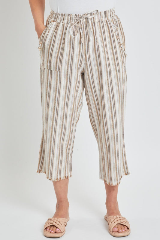 High Rise Linen Capri Pant With Frayed Pocket And Hem