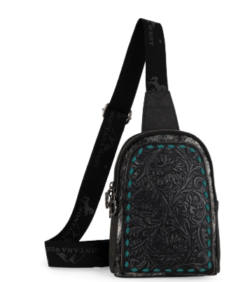 MW1324G-2101 Montana West Floral Tooled Genuine Cowhide Hair-On Trimmed Sling Bag - Black