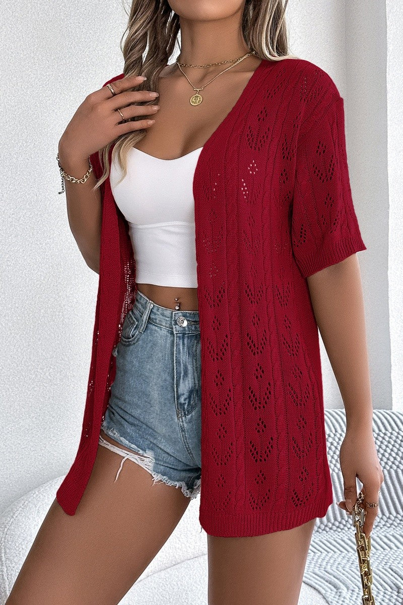 Open Knit Hollow Out Short Sleeve Cardigan