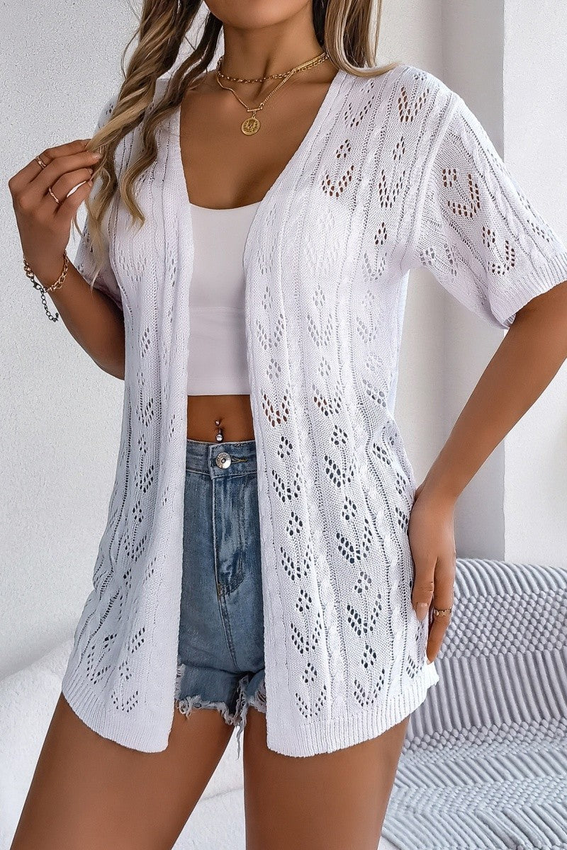 Open Knit Hollow Out Short Sleeve Cardigan