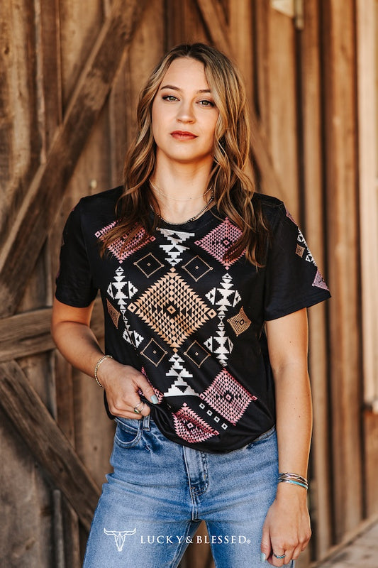 Black Coral Aztec Printed Short Sleeve Stretch Top