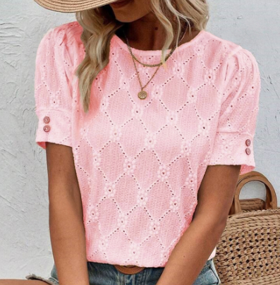 Flower Geometric Textured Button Short Sleeve Top