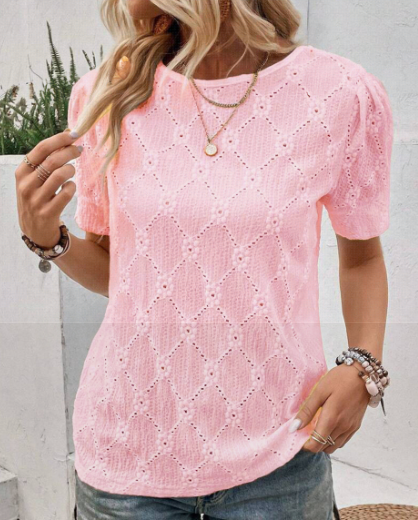 Flower Geometric Textured Button Short Sleeve Top
