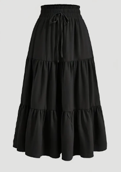 Solid Color Ruffle Hem Skirt, Casual Ruched A-line Drawstring Ankle Length