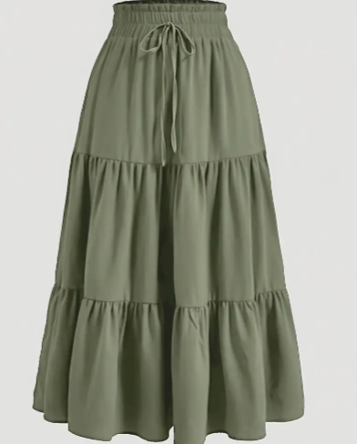 Solid Color Ruffle Hem Skirt, Casual Ruched A-line Drawstring Ankle Length