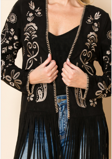 EMBRACE YOUR BOHO-CHIC STYLE WITH THIS GORGEOUS EMBROIDERED SUEDE FRINGE JACKET!