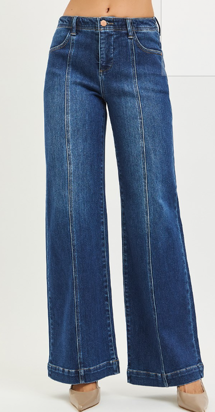 MID RISE WIDE LEG JEANS WITH FRONT SEAM DETAIL  PW21507 DARK