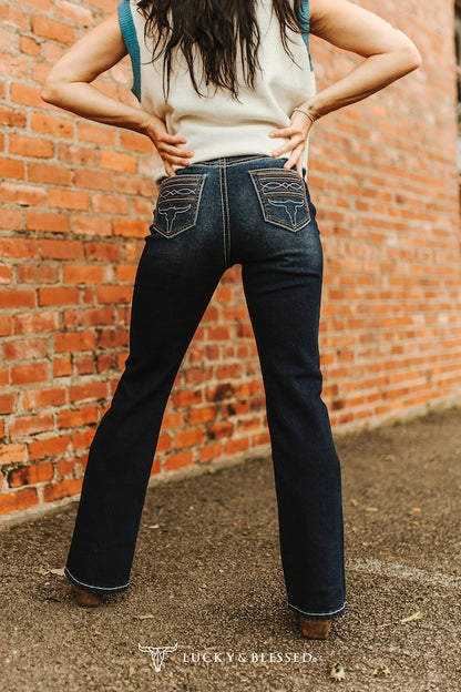 Dark Wash Embroidery Pocket Detail Thick Stitching High Rise Boot Cut Jeans (32in Inseam)