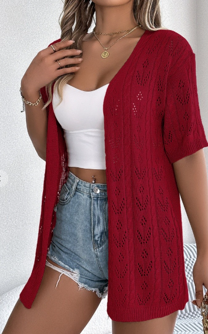 Open Knit Hollow Out Short Sleeve Cardigan
