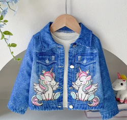 Vibrant Girls' Cute Pony Graphic Denim Effect Jacket - Casual Spring Fall Fashion