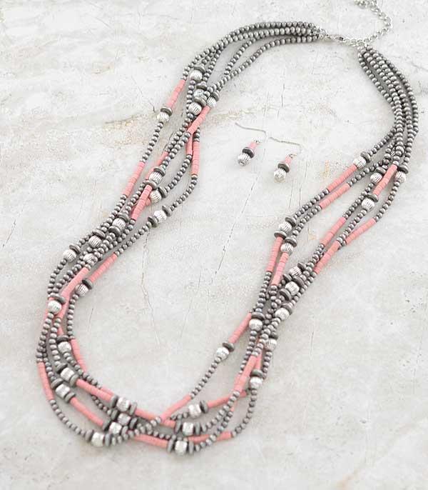 Pink & Grey Triple strand Necklace and Earrings