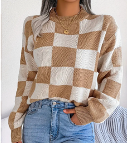 Plaid Pattern Crew Neck Pullover Sweater