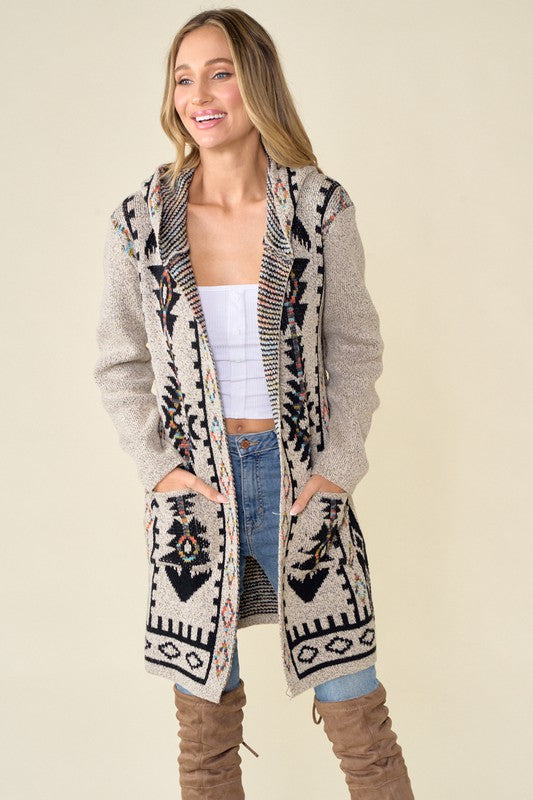 Sweater Hooded cardigan with Aztec Rainbow