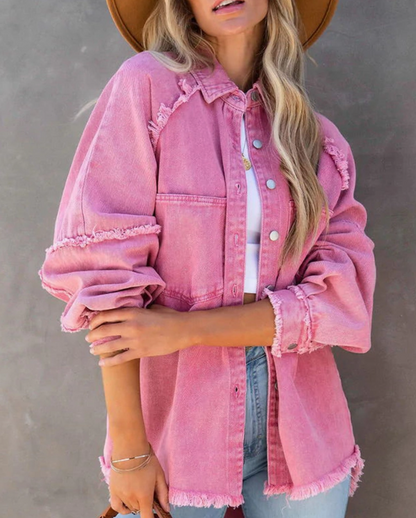 Loose Raw Edge Patchwork Pocket Denim Shirt Jacket