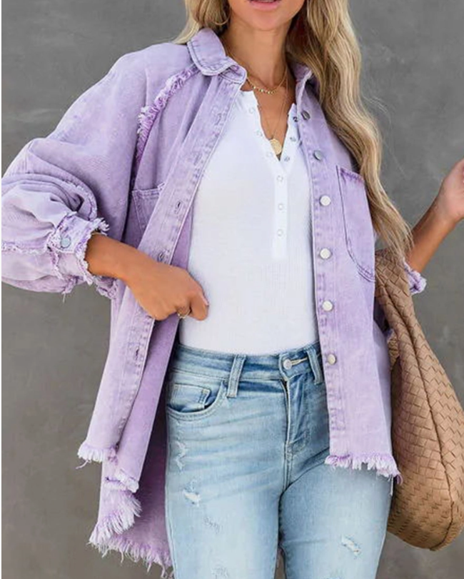 Loose Raw Edge Patchwork Pocket Denim Shirt Jacket
