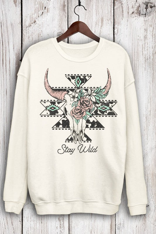 STAY WILD COW SKULL MINERAL SWEATSHIRTS