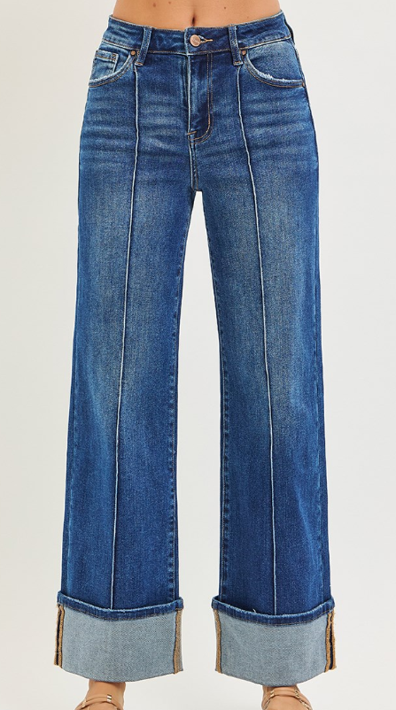 RISEN HIGH RISE ANKLE WIDE TURN UP JEANS PWA21532 DARK