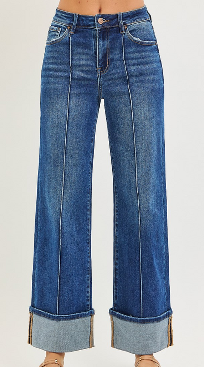 RISEN HIGH RISE ANKLE WIDE TURN UP JEANS PWA21532 DARK