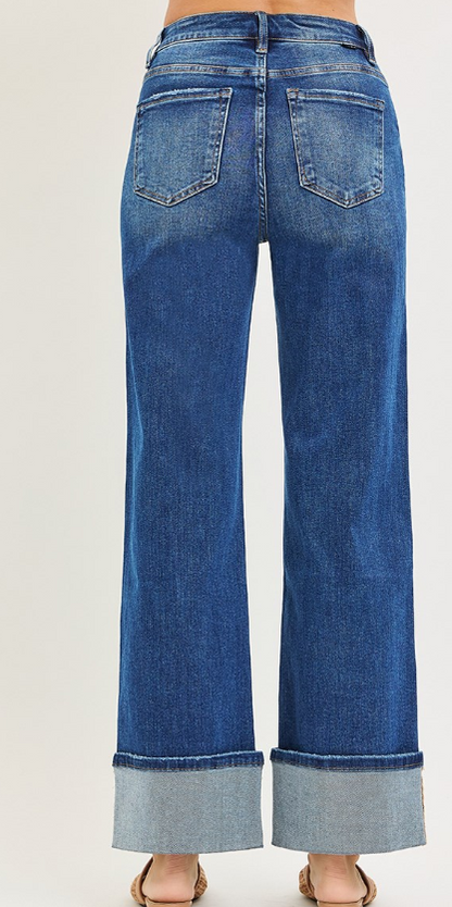 RISEN HIGH RISE ANKLE WIDE TURN UP JEANS PWA21532 DARK