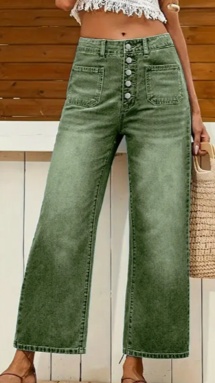 Women's High Waisted Cropped Jeans with Elastic Waist & Button Closure
