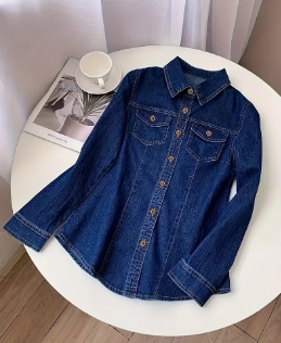 Classic Long Sleeve Denim Shirt - Casual Washed Blue, Button-Fly with Flap Pockets, Women's Everyday Comfortable Denim Apparel