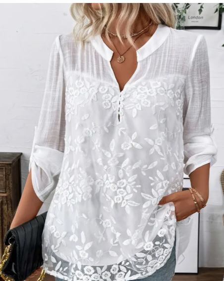Elegant White Floral shirt with Asymmetrical hem, Long Sleeve Blouse for Women