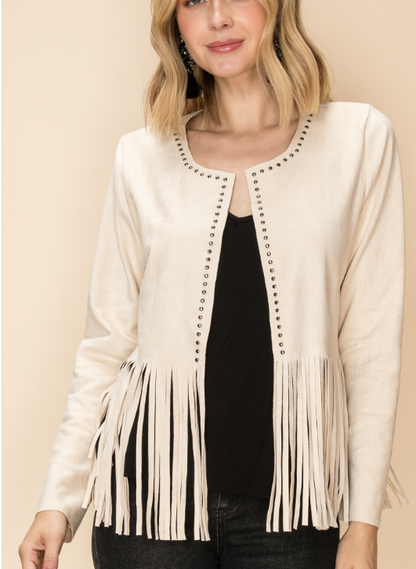 OPEN-FRONT JACKET FEATURING STUD ACCENTS ALONG THE NECKLINE AND FRONT EDGES.
