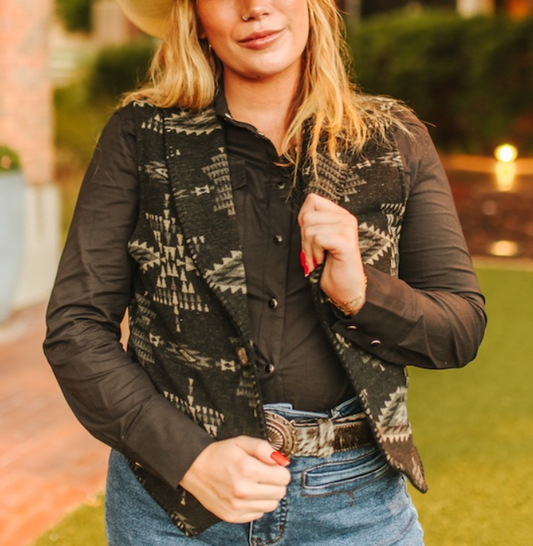 Black Aztec Wool Blend Concho Button Vest