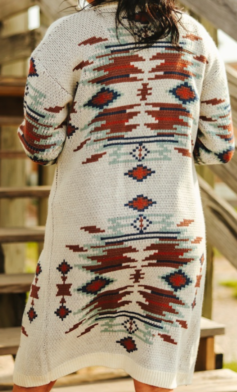 Ivory Aztec Knit Long Sleeve Button Down Duster