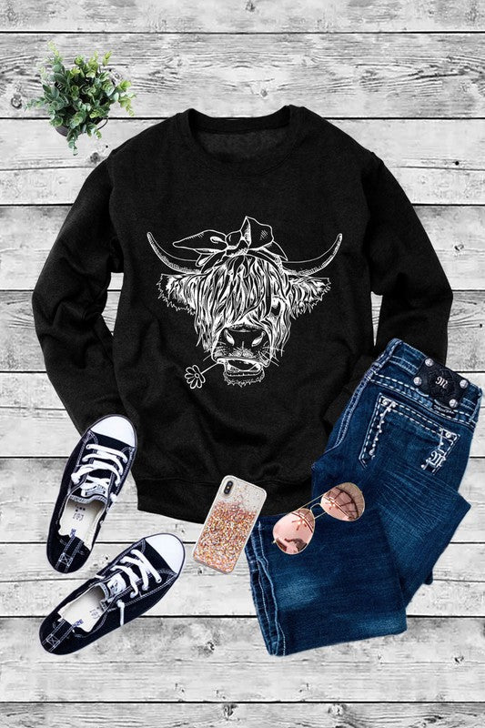 Highland Hairy Cow with Flower - Crew Neck