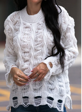 Cable Knit Ripped Hem Sweater