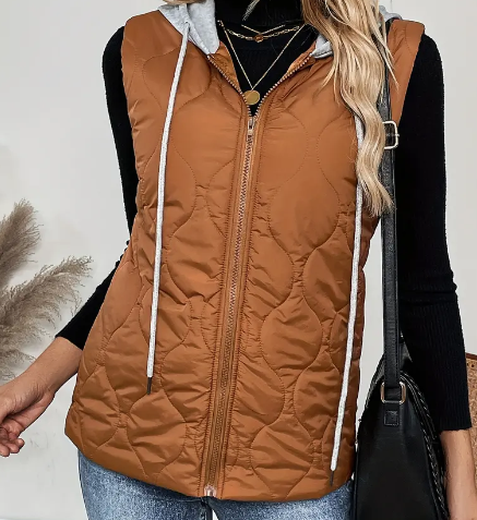 Zip Up Hooded Puffer Vest, Drawstring Casual Jacket