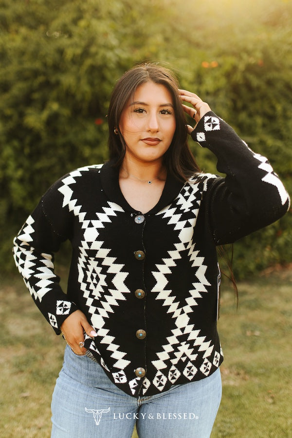 Black Ivory Aztec Knit Long Sleeve Button Down Sweater Cardigan