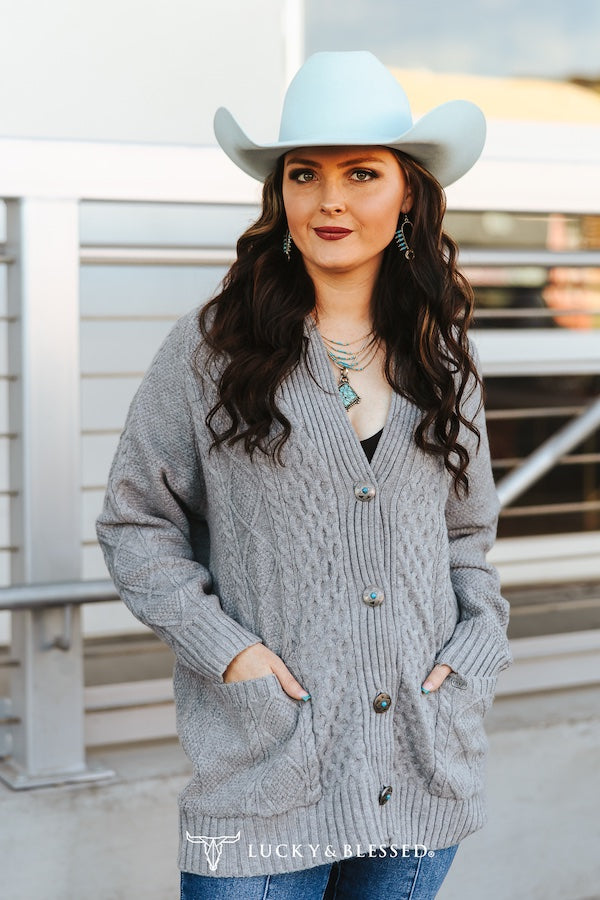 Grey Cable Knit Concho Button Down Front Pocket Cardigan