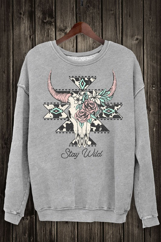 STAY WILD COW SKULL MINERAL SWEATSHIRTS