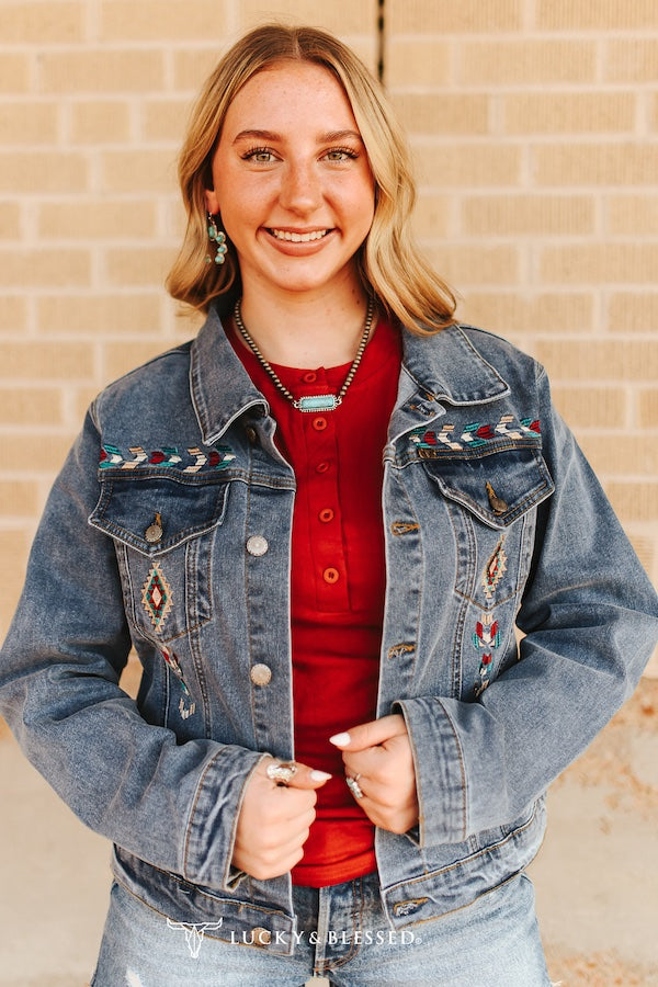 Stone Wash Stretch Denim Aztec Embroidered Jacket