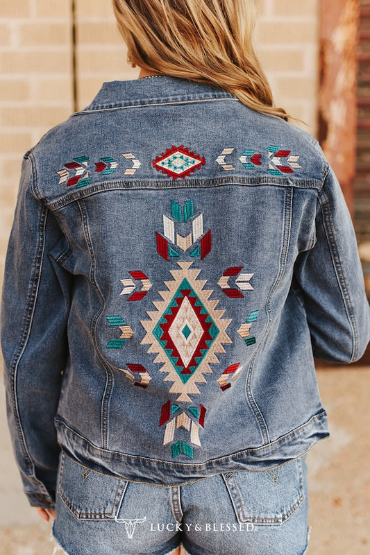 Stone Wash Stretch Denim Aztec Embroidered Jacket