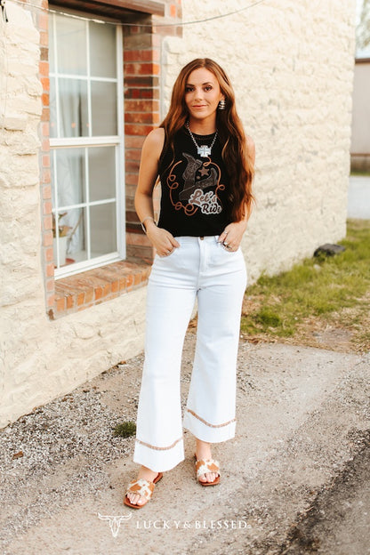 White High Rise Stretch Denim Western Stitch Wide Leg Jeans (28in Inseam After Cuff)