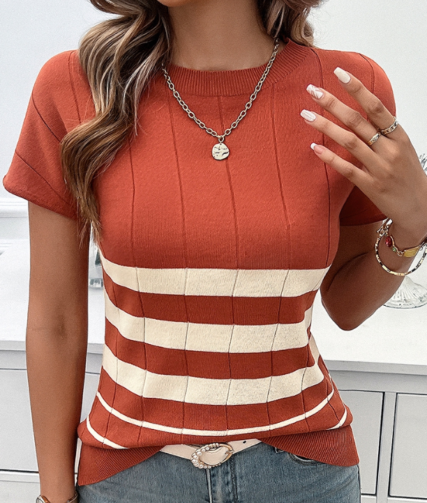 Round Neck Strip Knit Fit Short Sleeve Top